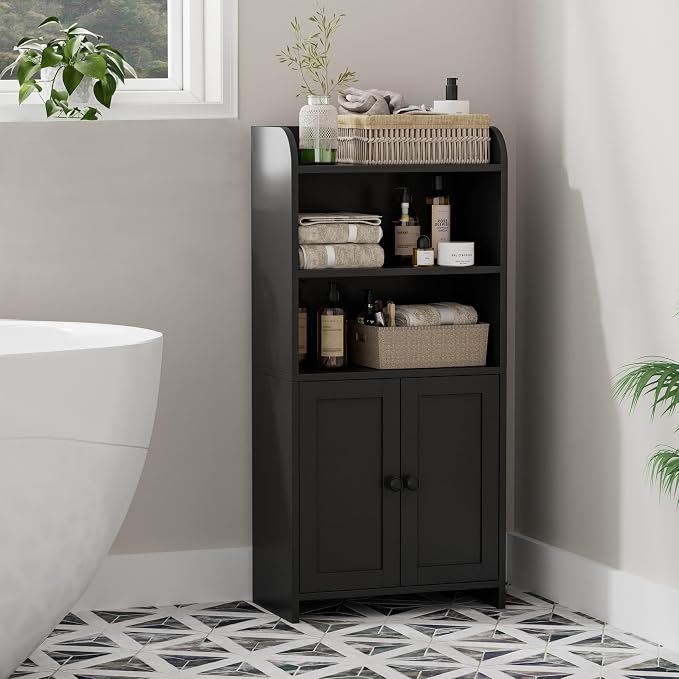 Homhedy Small Bathroom Storage Cabinet, Toilet Paper Storage Cabinet | Bathroom Floor Cabinet with Doors and Shelves, Bathroom Organizers for Small Spaces, 7.9" D x 14.6" W x 31" H, Black - Image 9