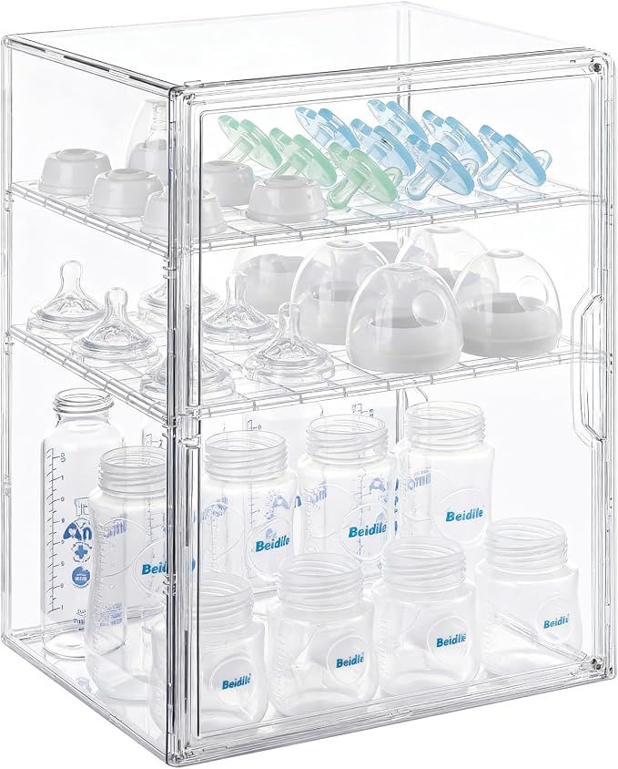 ERTIUANIO Baby Bottle Organizer – 3 Tier Bottle Storage Organizer Baby for Nipples, Pump Parts, Food Jars – Clear Acrylic Bottle Station Organizer for Countertop and Kitchen, Gifts for New Mom by ERTIUANIO