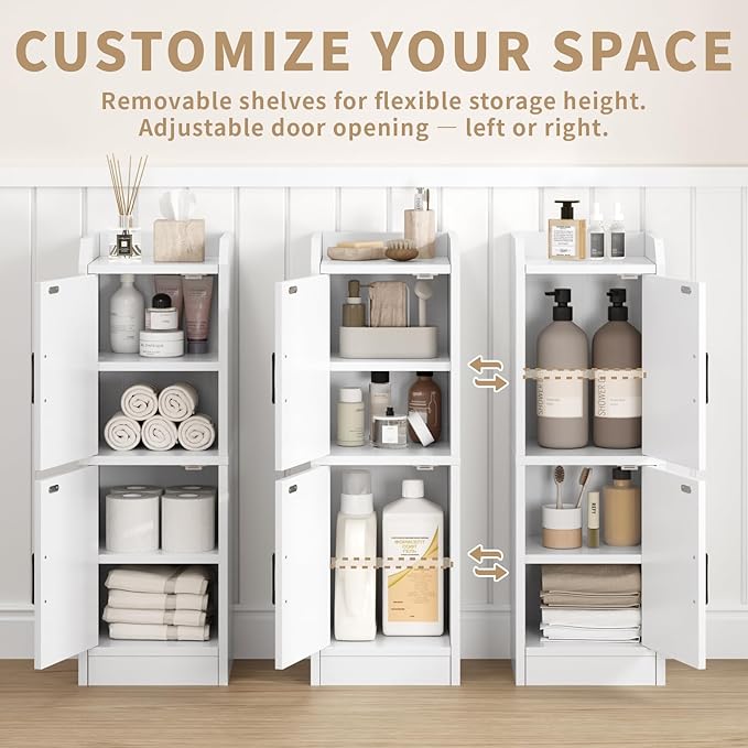 Narrow Bathroom Storage Cabinet with 2 Doors and Shelves, 9.8" W Small Storage Cabinet for Toilet Paper Storage, Slim Cabinet for Small Spaces, Bathroom, Kitchen, 9.8" W × 7.9" D × 29.5" H, White - Image 3