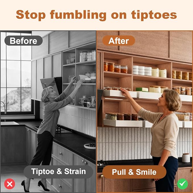 Fokyfok 2Pc Pull out Cabinet Organizer,11"-18"W,10"-13"D,Expandable | No Drill,Adjustable,Roll out Drawers,Adhesive Sliding Drawers,Slide out Shelves for Cabinets Without Lip,Kitchen,Pantry,White - Image 4