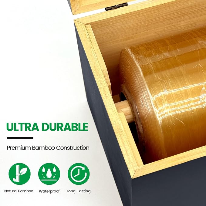 Libreshine 12-Inch Bamboo Plastic Wrap Dispenser with Cutter, Black | Fits many large 3000 ft plastic wrap and 1000 ft foil rolls, including Kirkland rolls sold at Costco - Image 7