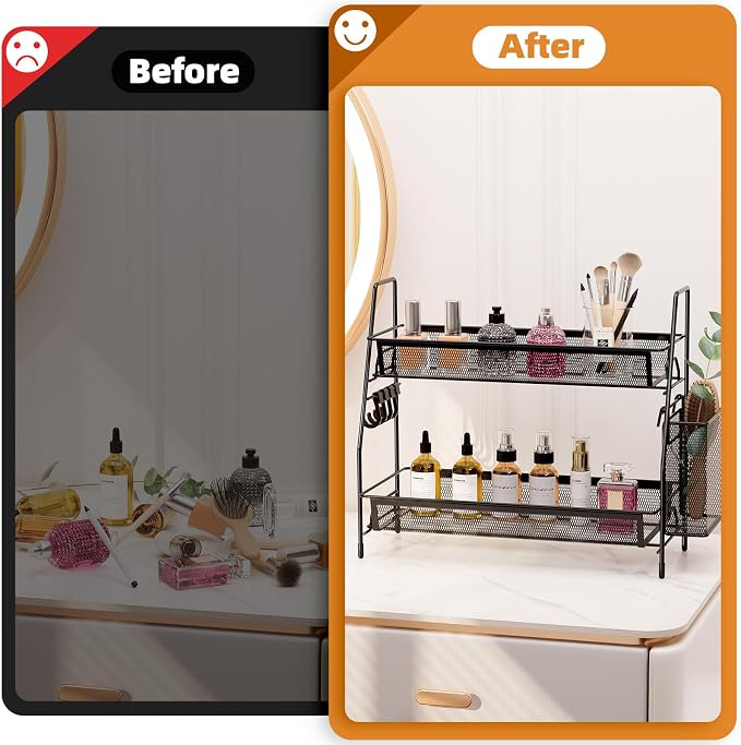 VITVITI 2 Tier Bathroom Countertop Organizer, Vanity Storage Shelf, Black | Bathroom Counter Organizer, Vanity Makeup Tray Shelf, Kitchen Spice Rack, Metal Wire Mesh, with Basket Hooks - Image 4