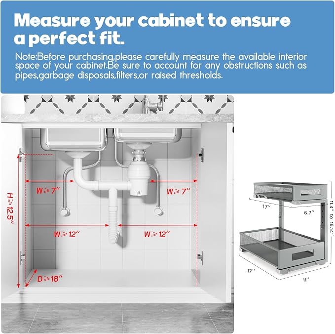 2 Pack 17IN Depth Under Sink Storage Organizer, Large 2-Tier Elegant Mesh Pull Out Shelf for Kitchen and Bathroom Cabinet Organization, L-Shaped and Adjustable Height Design-Gun Gray - Image 2