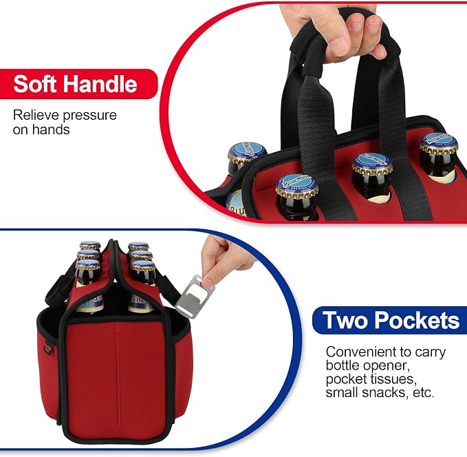 Portable Drinks Tote Bag for 6 PCS Beverage Cans/Bottles, Neoprene Insulated Drinks Can Bottle Carrier Tote Beverages Cans Cooler Bag Holder for Camping, Picnic, Party (Red) - Image 4