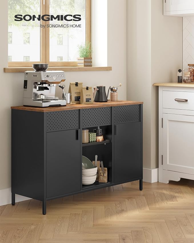 SONGMICS Storage Cabinet, Metal Cabinet, Sideboard with 2 Doors, 15.7 x 43.3 x 29.9 Inches, Magnetic Closure, Adjustable Shelves, Steel Frame, Rustic Brown and Matte Black ULSC204B01 - Image 2