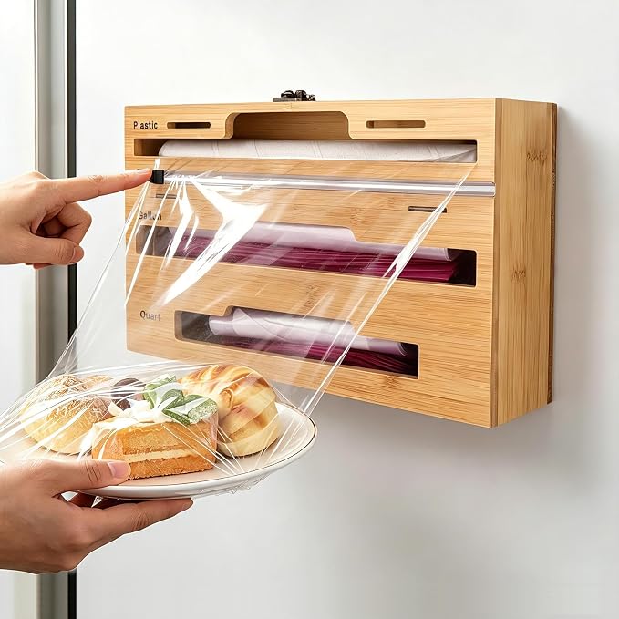 Allinside Magnetic Kitchen Bag Organizer and Plastic Wrap Dispenser with Slide Cutter, 3-in-1 Bamboo Kitchen Foil Storage Holder Compatible with Gallon, Quart, Sandwich Snack Bags by Allinside