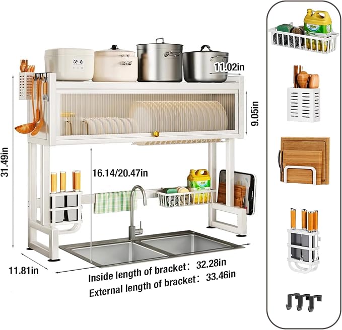 Hdrriozu Over the Sink 3 Tier Dish Drying Rack with Cover, Milkshake White | Rust resistant built last. Easy install simple tools. Holds dishes glasses bowls. Space saving over sink tidy kitchen. - Image 6