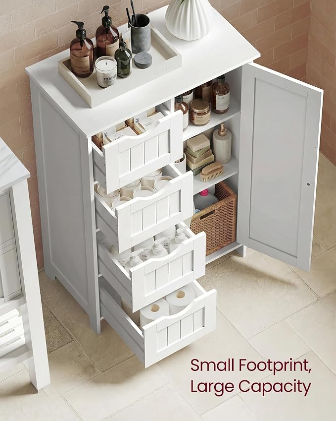 VASAGLE Storage Cabinet with Drawers, Freestanding Floor Cabinet with Door, 11.8 x 21.7 x 32.3 Inches, Adjustable Shelf, for Bathroom, Living Room, Kitchen, Cloud White ULHC041WH01S - Image 3