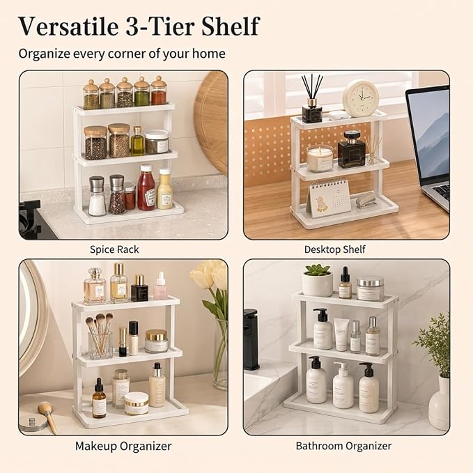 PEKER Bamboo Bathroom Organizer Countertop – Vanity Storage Shelf for Makeup, Perfume, Skincare – Natural Cosmetics Display Rack for Dresser, Sink, Kitchen – White - Image 7