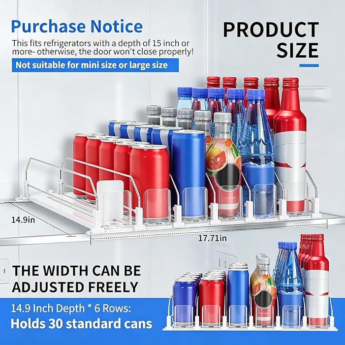Drink Organizer for Fridge, Self-Pushing Soda Can Organizer for Refrigerator, Refrigerator Organizers and Storage, Automatic Can Dispenser Holds Up to 30 Cans, 6-Row Beverage Rack - Image 4
