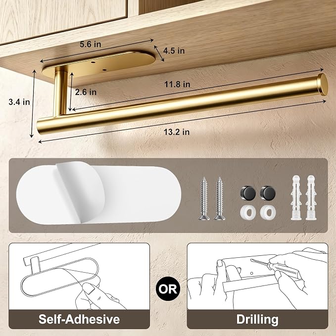 2-Pack Paper Towel Holder for Kitchen, Self-Adhesive & Drilling Mount | Under Cabinet Organizer, SUS 304 Stainless Steel Wall Mounted Rack, Bathroom, RV - Image 6