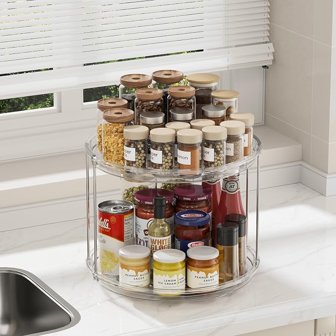 LAMU 2Pack 2 Tier Lazy Susan Organizer 12 inch Large Lazy Susan Turntable Rotating Spice Rack Organization for Cabinet, Kitchen, Pantry, Countertop, Bathroom, Vanity, Medicine Cabinet Organizer, Clear - Image 6