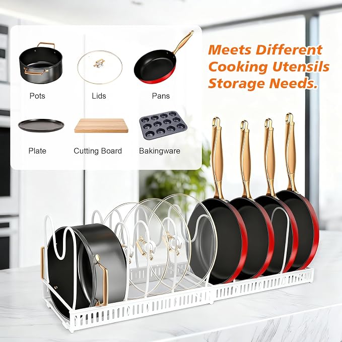 Expandable Pots and Pans Organizer Rack for Under-Cabinet Storage - Adjustable Kitchen Cabinet Organizer with 13 Dividers, Cutting Board Holder & 6 Non-Slip Silicone Pads-White - Image 3