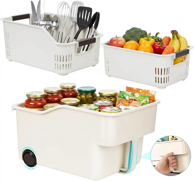 3 Pack PP Organizer with Wheeled Storage box for Kitchen Cabinet Bin | 3 pack organizer kitchen, laundry, garage at once; organizer with rolling wheels glide out from high cabinets easily - Image 2