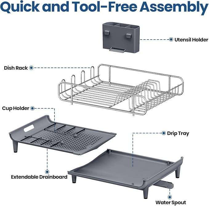 NTD Expandable Dish Drying Rack for Kitchen Counter, 16.7"-26.8", Gray | Large Multifunctional Dish Drainers, Anti-Rust, with Cutlery & Cup Holders, Self-Draining Drainboard, FIts for 4-5 People - Image 7