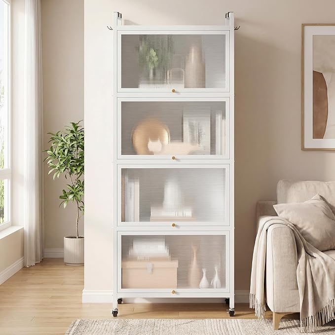 GIANTEX 5-Tier Kitchen Storage Cabinet, 4 PC Doors, Rolling Wheels, White | Mobile Metal Pantry Cabinet with 4 Hooks & Adjustable Feet, 60" Baker's Rack Microwave Stand for Dining & Living Room - Image 5