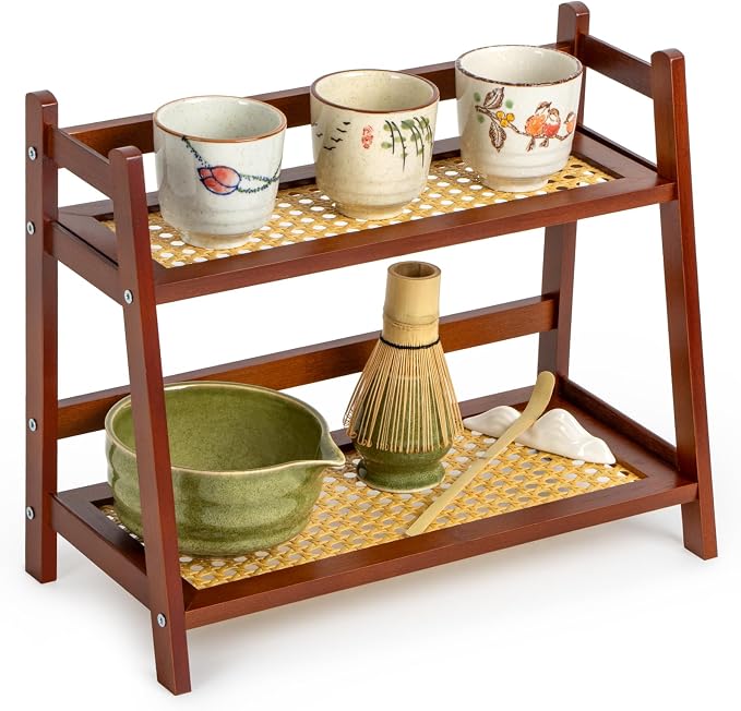 ANBOXIT Matcha Station Organizer, Countertop Bamboo Coffee & Tea Station | Rattan-Look 2 Tier Mug Holder Display Stand for Kitchen Condiment, Coffee Accessories, Home, Office - Brown by ANBOXIT