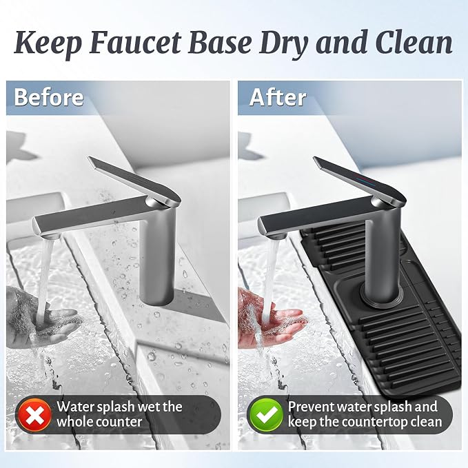 PoYang 14.6 Inch Faucet Mat for Kitchen Sink Splash Guard, Silicone, Black | Sink Protectors with 7° Slope for Smooth Drainage, Snap Button Holds It in Place, 90° Foldable & Cuttable Hole Fit Most Sinks - Image 7