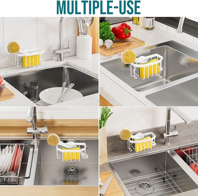 TAILI White Sponge Holder for Kitchen Sink with Strong Suction Cup | Dish Sponge Caddy Inside Sink Removable, Rustproof Aluminum for Sponges, Brushes, Stoppers and Scrapers - Image 7