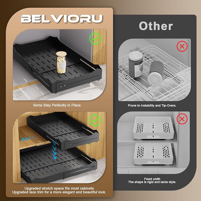 Pull Out Drawers for Cabinets, Expandable Pull Out Cabinet Organizer 11-18" Width,13-24" Depth, Roll out Shelves for Cabinets Without Lip, No Drill Adjustable Slide out Drawers for Kitchen & Pantry - Image 2