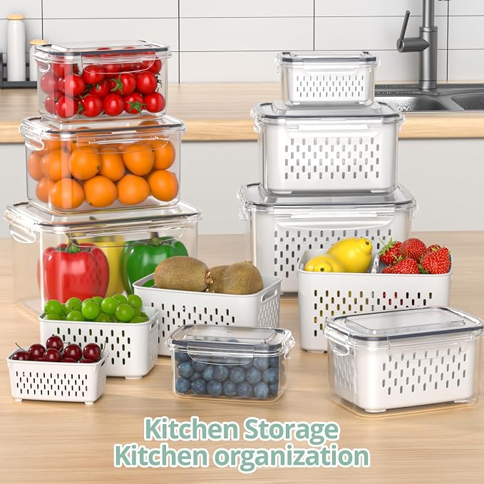 Anysig 8 Pack Fridge Fruit Storage Containers with Removable Colander | Fruit Containers for Fridge with 2 Function Divider Plate, Airtight Storage Container, Dishwasher Safe,Keep Berry Fruit Fresh - Image 6