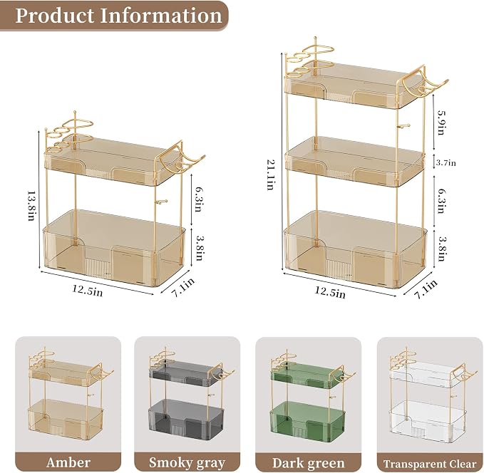 Akinbas 3 Tier Bathroom Organizer Countertop Makeup Perfume Tray Skincare Organizer Comes with Hair Dryer Rack and Toothbrush Holder for Bathroom Dresser Vanity (Gold) - Image 3