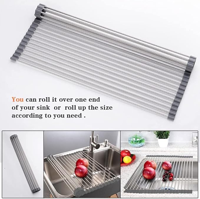 Ahyuan Roll up Dish Drying Rack Over The Sink Kitchen Roll up Sink Drying Rack Portable Dish Drainer Foldable Dish Drying Rack (Warm Gray, 20.5''X16.9'') - Image 4