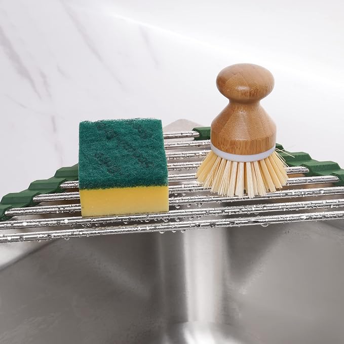 Tomorotec Triangle Roll-Up Dish Drying Rack for Sink Corner Small Foldable Stainless Steel Over The Sink Multipurpose Kitchen Drainer Caddy Organizer Storage Shelf Holder (Olive Green) | BPA-Free Food-Grade Silicone Edges Foldable Waterproof Rustproof ... - Image 3