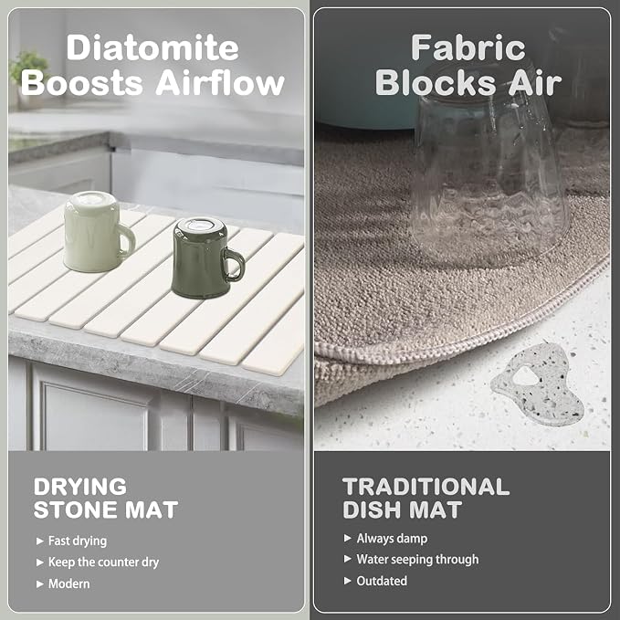 Large Stone Dish Drying Mats for Kitchen Counter, Quick Drying Collapsible Dish Drying Mat, Eco-Friendly Absorbent Diatomaceous Earth Mats for Dishes Cups, Match Any Countertop (White 24"×16" & 8"x4") - Image 4