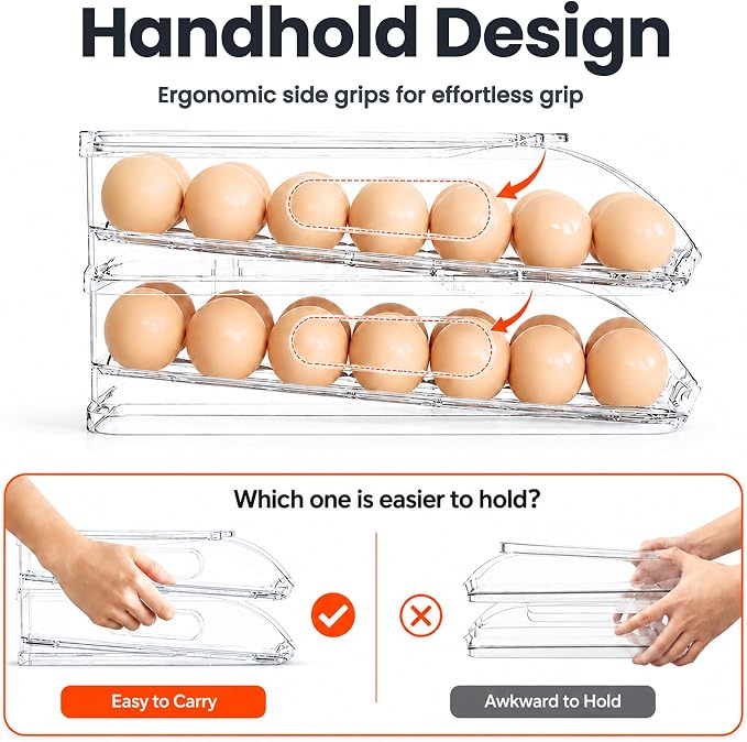 SMRCAD 54-Egg Dispenser with Silicone Bumpers, Auto-Rolling, Stackable | BPA-free food-grade PET | Stackable with lid | Built-in handle | 11.92"L x 8.85"W x 7.9"H | Hand wash only - Image 8