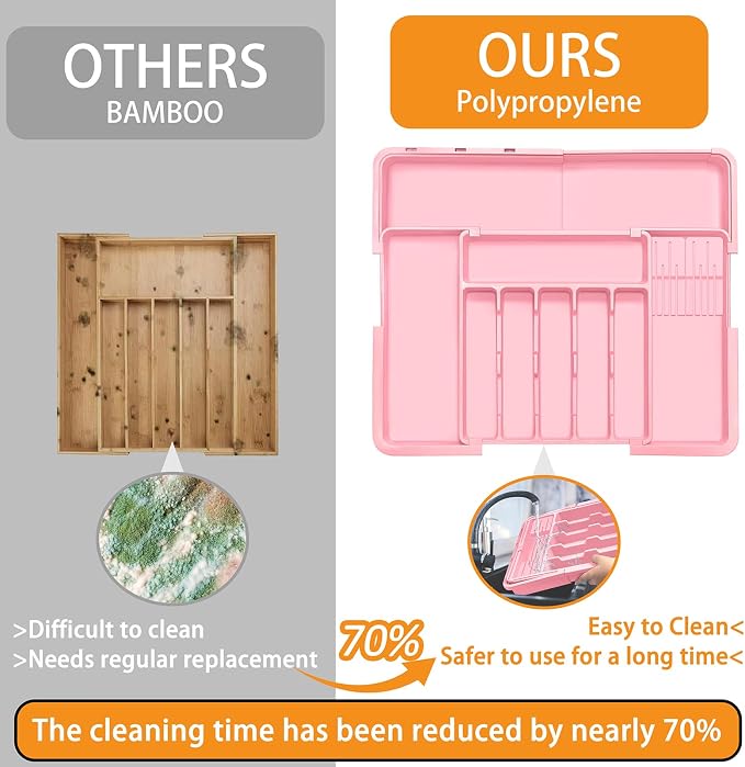 Silverware Organizer - Expandable Large Kitchen Drawer Organizer Utensil Organizer with 2 Knife Block Inserts, 22"x 19"Cutlery Tray with Drawer Dividers for Kitchen Flatware (Pink) - Image 5