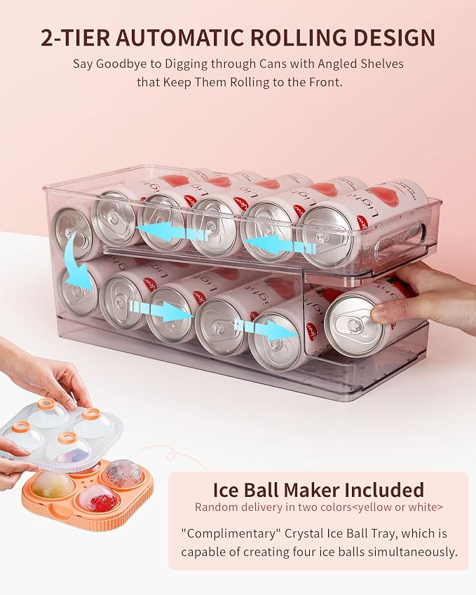 2 Pack Rolling Soda Can Dispenser for Refrigerator with 1 Pack Ice Ball Maker, Pantry Organization and Storage 2-Layer Beverage Holder for Fridge, Clear - Image 2
