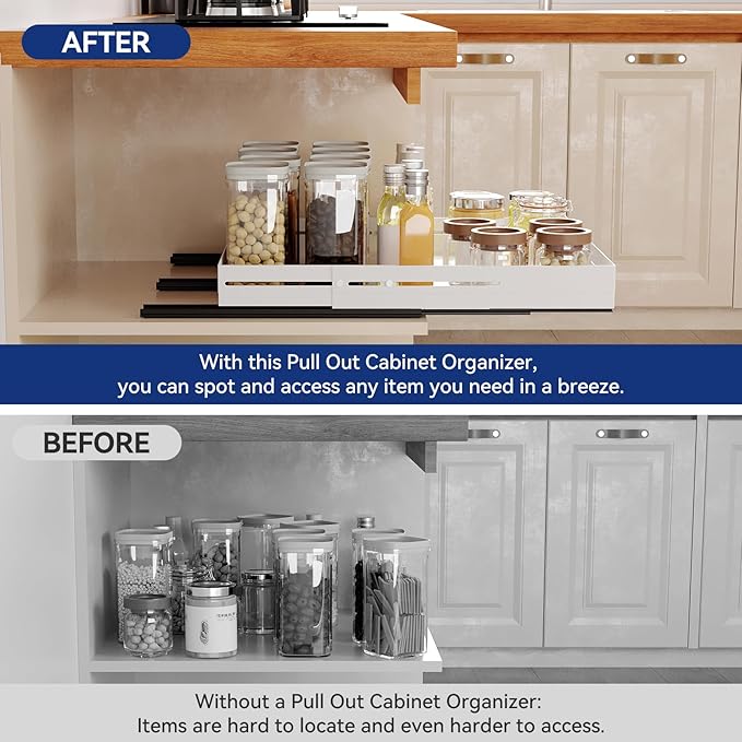 Pull out Cabinet Organizer, Full Metal Expandable Width (12.6"-20.8") & Depth (16"-24.4") Adjustable Slide out Drawers, No Drill Adhesive Roll out Shelves for Kitchen Pantry, White - Image 5
