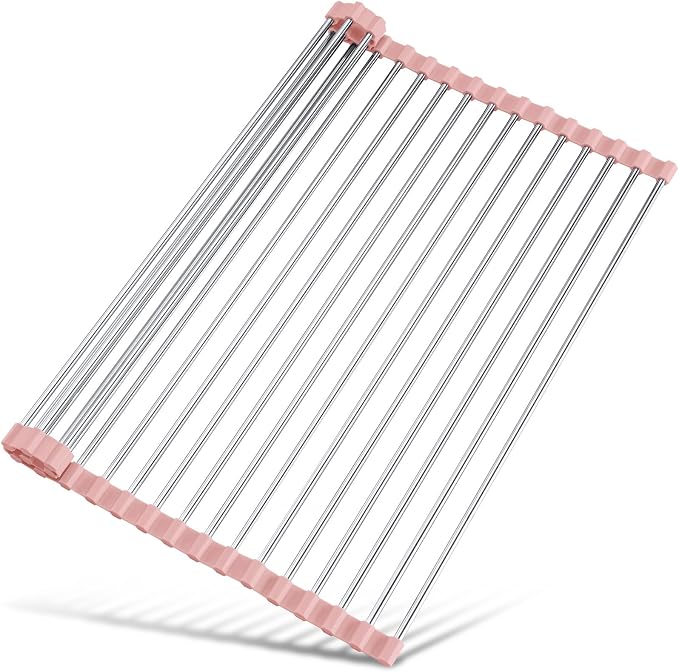 Tomorotec Roll Up Dish Drying Rack Over Sink, 304 Steel, 21x15.5, Pink | Anti-Slip Silicone Rims For Grip, Heat-Resistant Trivet Mat Holding Heavy Cookware, Rustproof Kitchen Counter Space Saver by Tomorotec