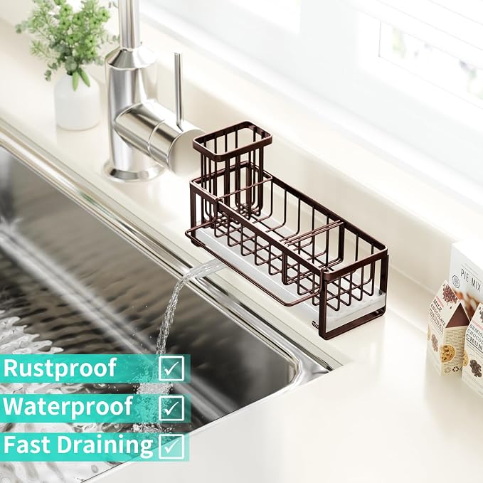 HapiRm Sponge Holder for Kitchen Sink - Self-draining Sink Caddy with Brush and Dishcloth Holders, Stainless Steel Kitchen Organizer for Countertop - Bronze - Image 5