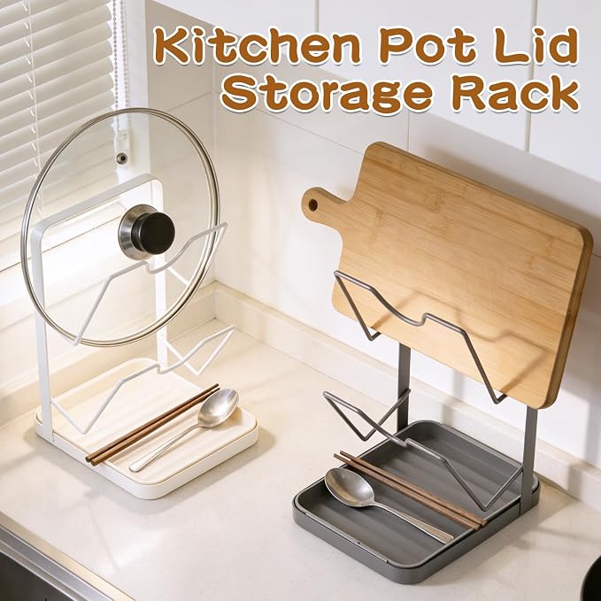 Kitchen Pot Lid Storage Rack, Double-Layer Pot Lid Organizer with Removable Drip Tray,Pot Lid Holder While Cooking,Space-Saving kitchen Countertop Organizer Storage for Pots Pans & Cutting Boards - Image 2