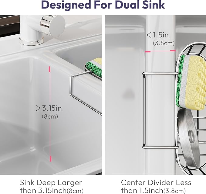 SWTYMIKI Sponge Holder for Kitchen Sink - Movable Sink Caddy with Smiley Face Sponge Holder, Rustproof Hanging Sponge Organizer in Double Bowl Sinks Depth>3.15in, Middle Divider<1.5in, Silver - Image 2