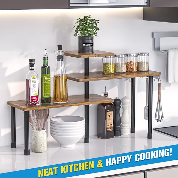 JayRex Kitchen Countertop Organizer 3-Tier Corner Shelf, Rustic Brown | Space-saving corner design organizes spices, skincare and toiletries on kitchen and bathroom counters. - Image 4