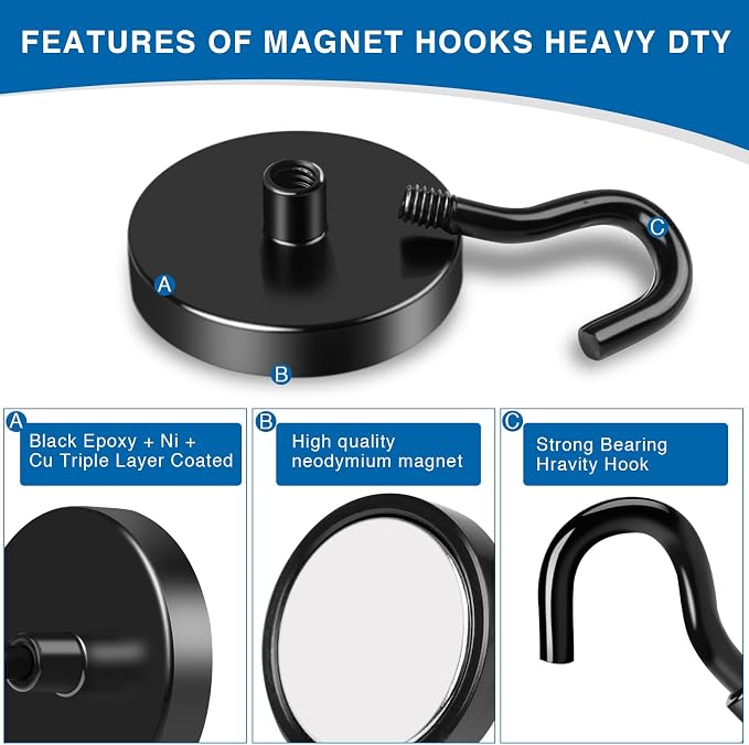 LOVIMAG Magnetic Hooks for Cruise Cabins, 170LBS, 6 Pack | Heavy Duty Neodymium Magnet with Hook Essentials for Classroom, Fridge, Ceiling, Hanger, Black - Image 4