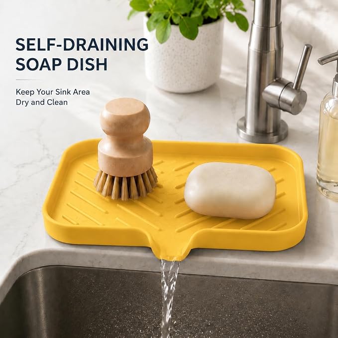 MicoYang Silicone Soap Dish with Drain Spout — Self-Draining Sink Organizer Tray for Bathroom & Kitchen, Sponges, Dispensers & Soap Holder, Non-Slip & Dishwasher Safe, Yellow (Medium, 9.6"×5.3") - Image 7