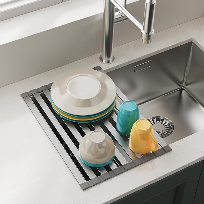 COOL-ANGLE Aluminum Roll Up Dish Drying Rack, 17.7x13.4 Inches, Matte Gray | Rust proof aviation aluminum, Heat resistant trivet up to 400F, Fits sinks up to 16.8 inches, Foldable for compact RV storage by COOL-ANGLE