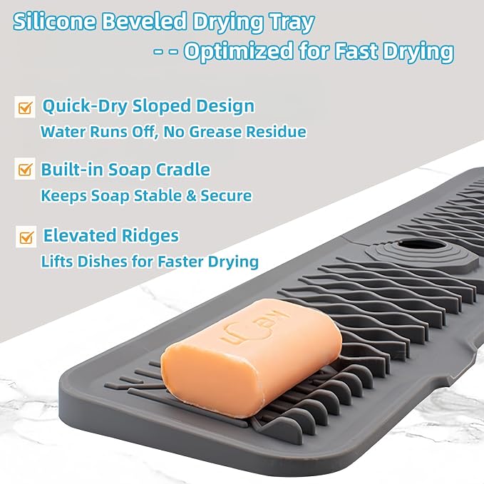 Silicone Faucet Handle Drip Catcher Beveled Drying Tray Mat Dish Soap Sponge Holder Accessories Gadgets for Kitchen Counter Bathroom Kitchen Sink Splash Guard (24") - Image 2