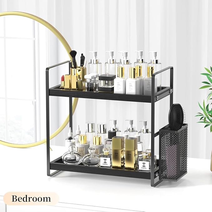 Bathroom Organizer Countertop, Counter Organizer for Bathroom Decor, Wooden Sink Shelf for Vanity Storage, Makeup Tray for Perfume Skincare Bedroom Kitchen Corner (Black) - Image 5