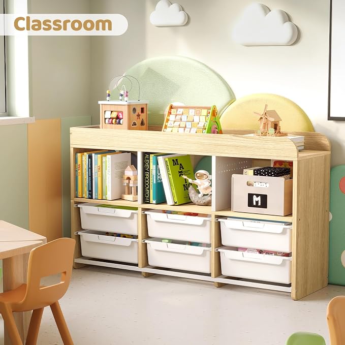 Classroom Storage Organizer with 6 Bins, 3 Shelves and Pegboard, White | 6 pull-out bins, 3 open cubbies, child-height access, easy-clean storage for Kid room,playrooms, classrooms and craft rooms - Image 5