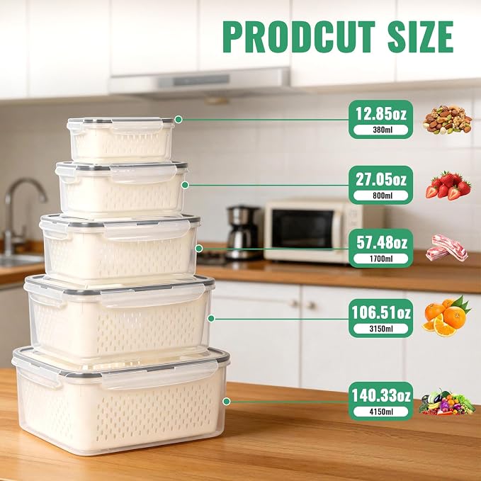 5 Pack Fruit Storage Containers for Fridge Berry Containers for Fridge | Produce Containers with Removable Colander Berry Storage Containers Veggie BPA-Free Plastic Crisper for Long-Term Freshness - Image 2