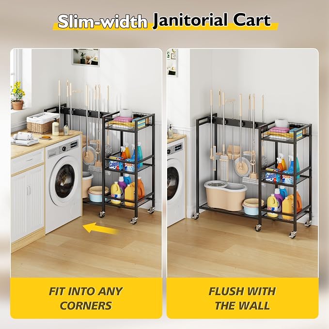 Broom Holder with Cleaning Supplies Organizer, Movable Broom Closet Storage Cabinet with Cleaning Caddy, Cleaning Cart with Mop Rack, Janitorial Housekeeping Cart on Wheels, Laundry Room Organization - Image 4