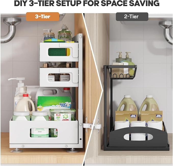 2 Pack 19IN-Depth Under Sink Organizer,Pull Out Cabinet Organizer With Smooth Cylindrical Rail,Metal Slide Out Drawer for Kitchen Bathroom Laundry,8-Level Tool Free Height Adjustable-White - Image 4