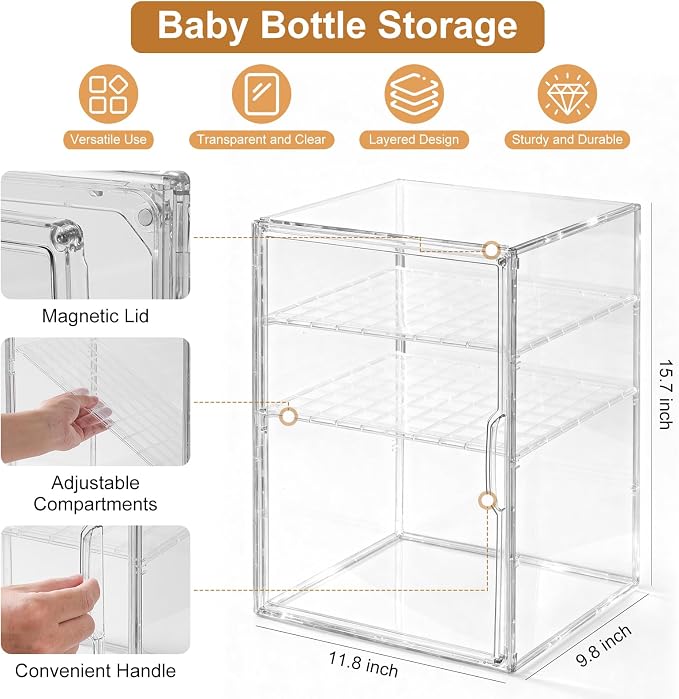 ERTIUANIO Baby Bottle Organizer – 3 Tier Bottle Storage Organizer Baby for Nipples, Pump Parts, Food Jars – Clear Acrylic Bottle Station Organizer for Countertop and Kitchen, Gifts for New Mom - Image 2