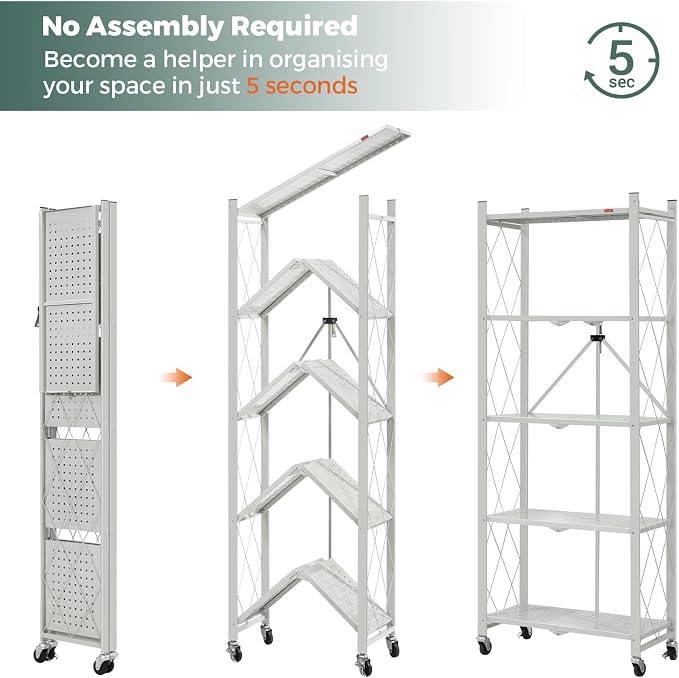 DEANIC 5-Shelf Folding Bookcase with Wheels, Rolling Bookshelf Heavy Duty Storage Shelves, Freestanding Metal Wire Shelving Unit for Living Room, Office, Kitchen, Basement, Pantry (Grey) - Image 4