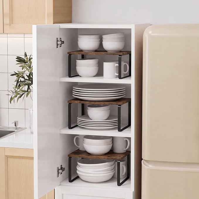 LAMU Cabinet Organizer Shelf, Set of 4 Expandable Kitchen Counter Shelve Plate Organizer for Cabiner, Stackable Spice Rack, CupBoard Organizers and Storage, Brown - Image 6